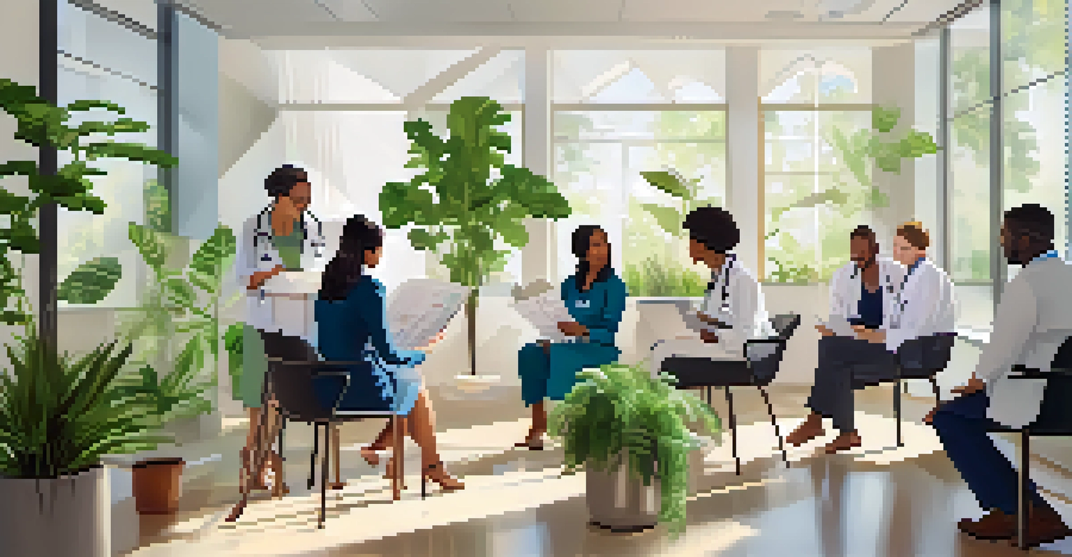 A diverse group of healthcare practitioners collaborating in a modern clinic, discussing patient care and integrative medicine.