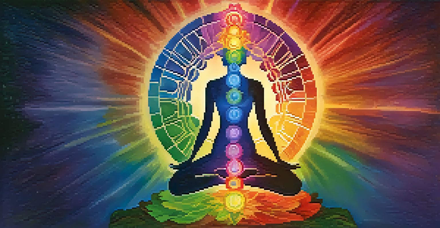 A human silhouette with seven colorful chakra wheels aligned vertically along the spine, set against a dark background.