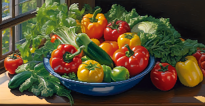 A close-up view of a bowl filled with fresh fruits and vegetables, showcasing a variety of colors and textures, illuminated by soft sunlight.