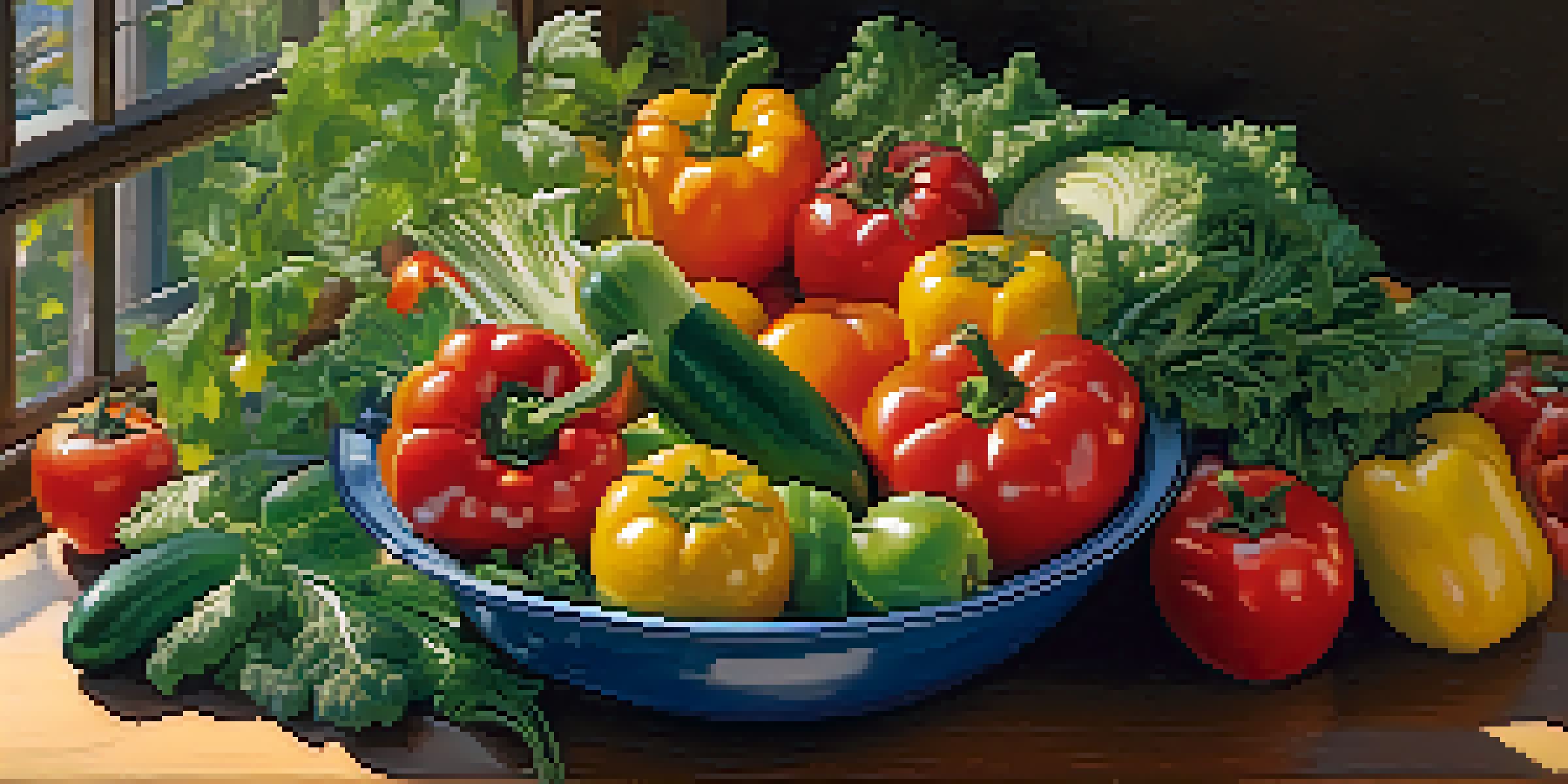 A close-up view of a bowl filled with fresh fruits and vegetables, showcasing a variety of colors and textures, illuminated by soft sunlight.
