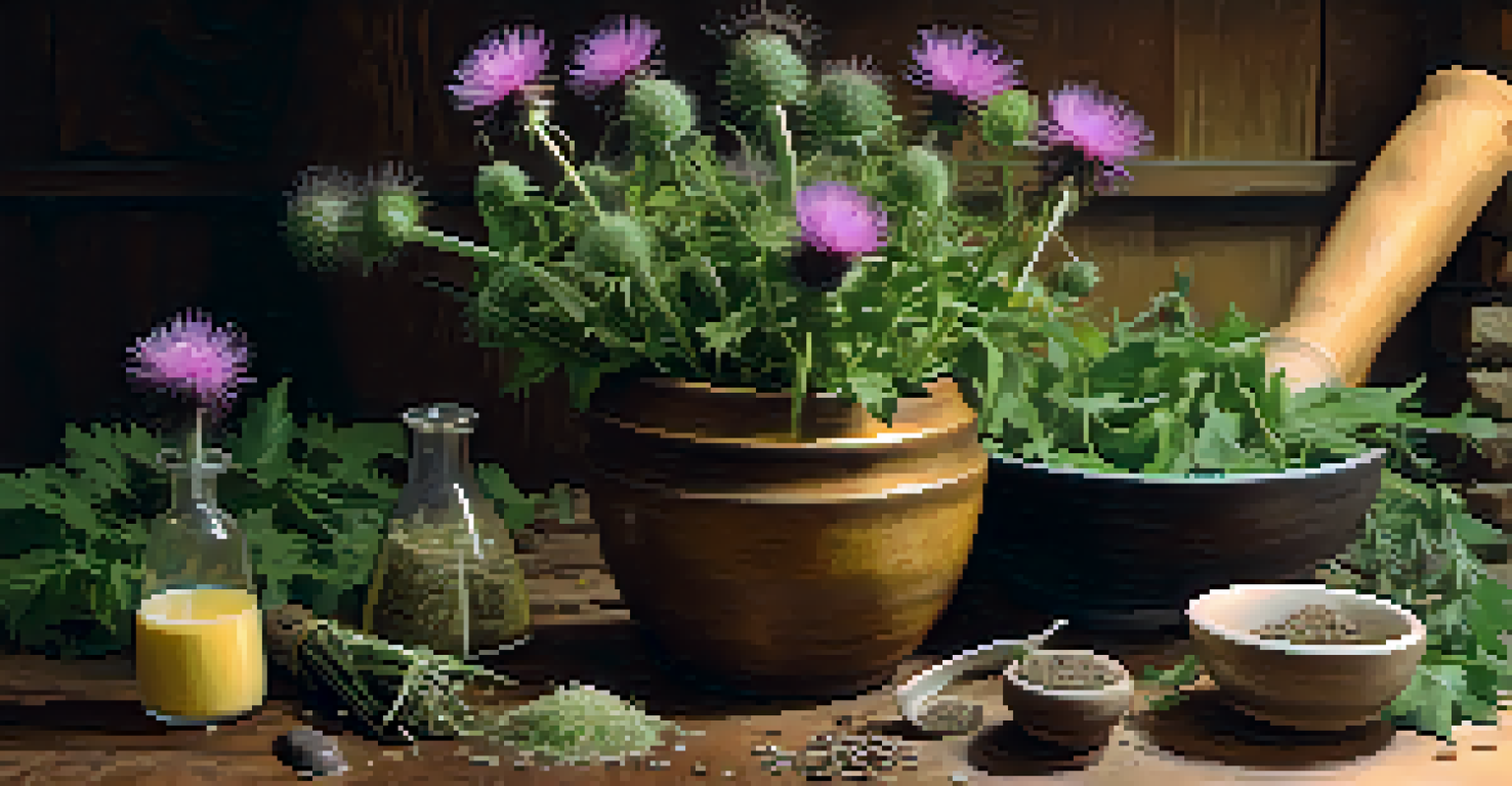 A close-up of herbs being prepared with a mortar and pestle in a rustic kitchen, showcasing milk thistle, burdock root, and dandelion.