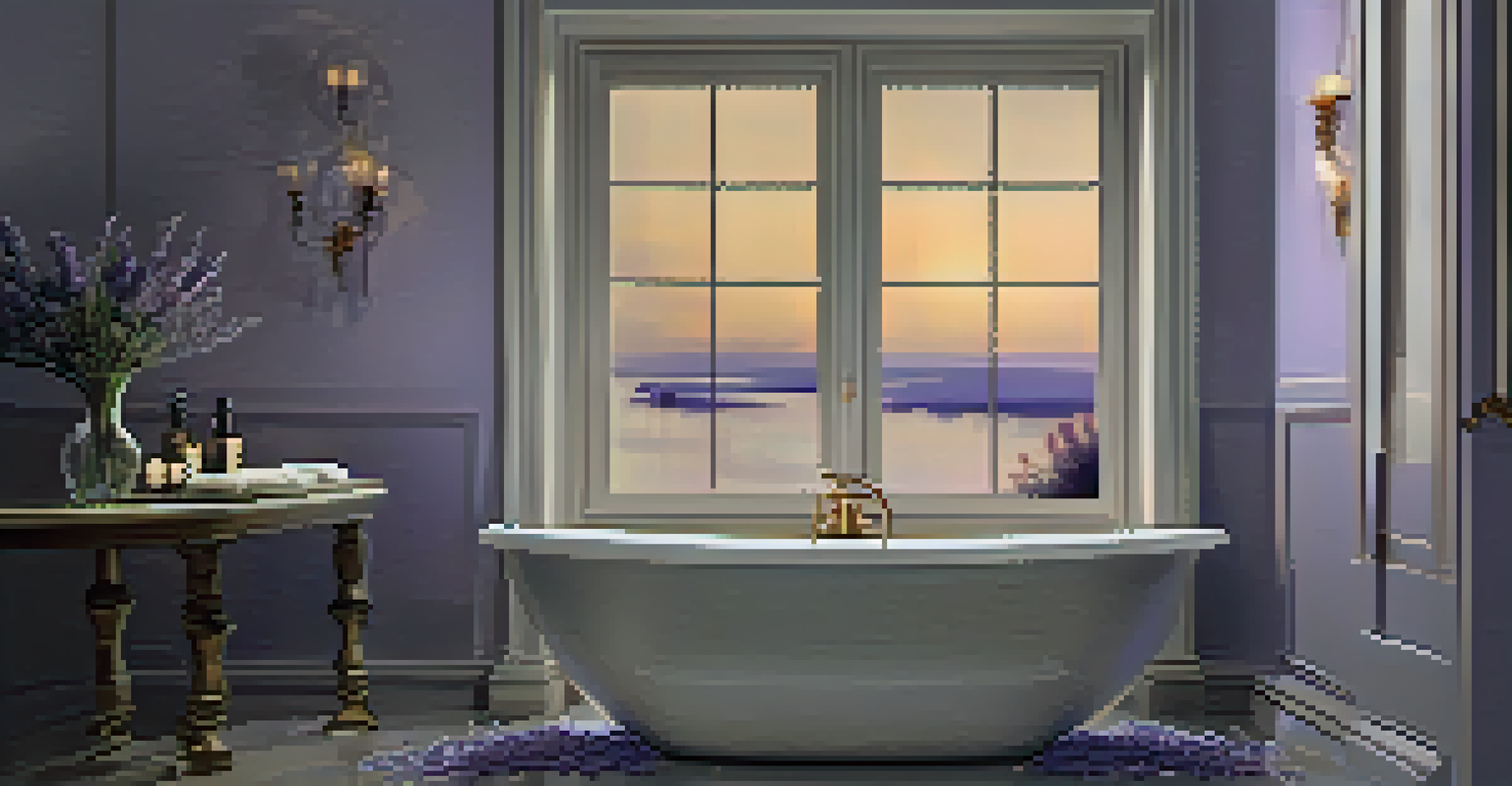 A tranquil bathroom with a bath filled with flowers, candles, and essential oils.