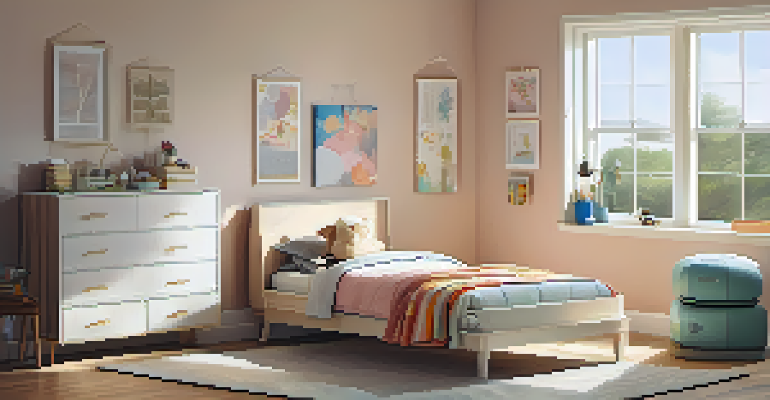 A well-organized child's bedroom with hypoallergenic bedding and an air purifier, bathed in natural light.