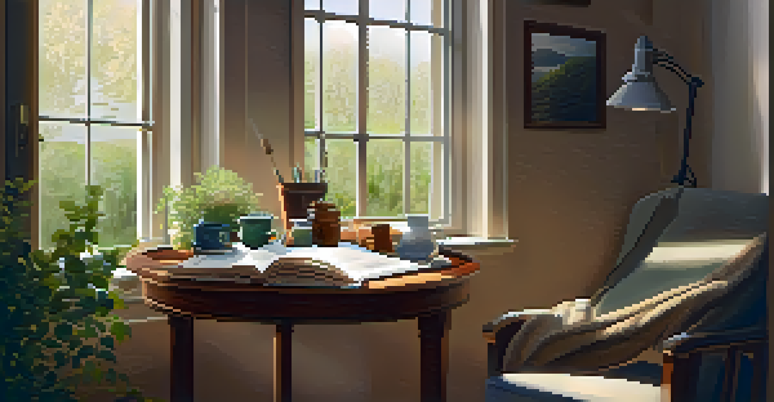A person journaling in a cozy chair by a window, with natural light and a cup of herbal tea nearby.