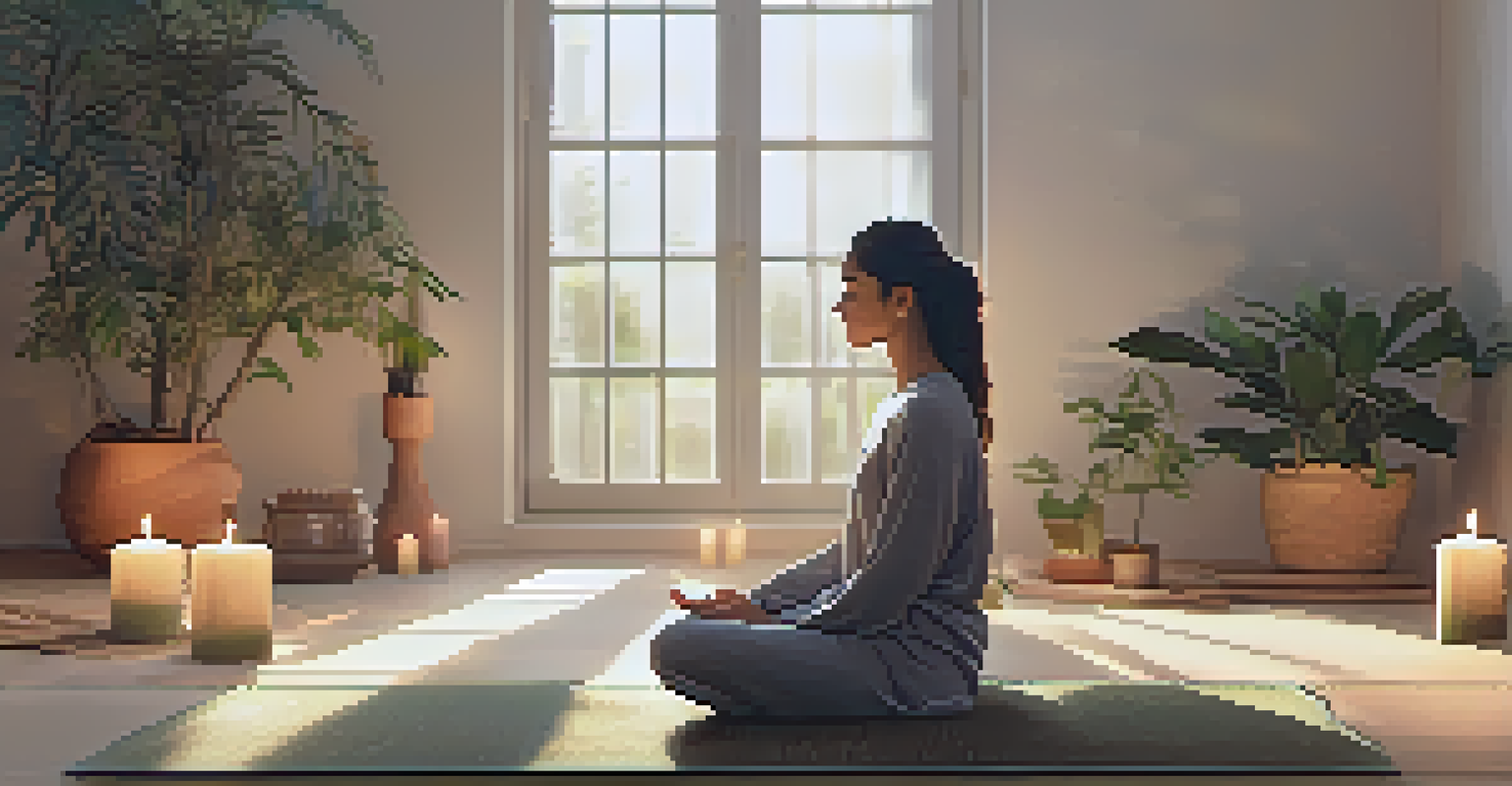 A person meditating in a softly lit room filled with plants and candles, emphasizing mindfulness practices.