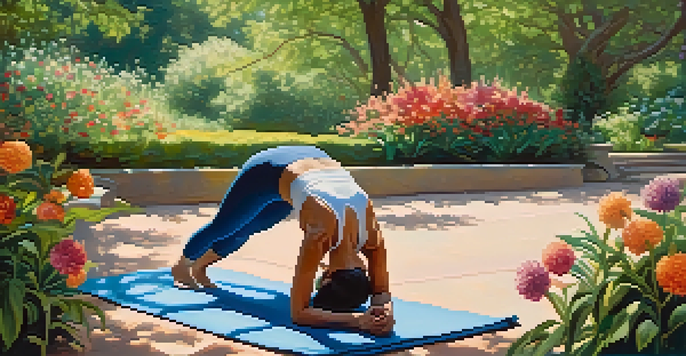 A person practicing yoga in a vibrant garden, surrounded by colorful flowers and greenery, under a clear blue sky.