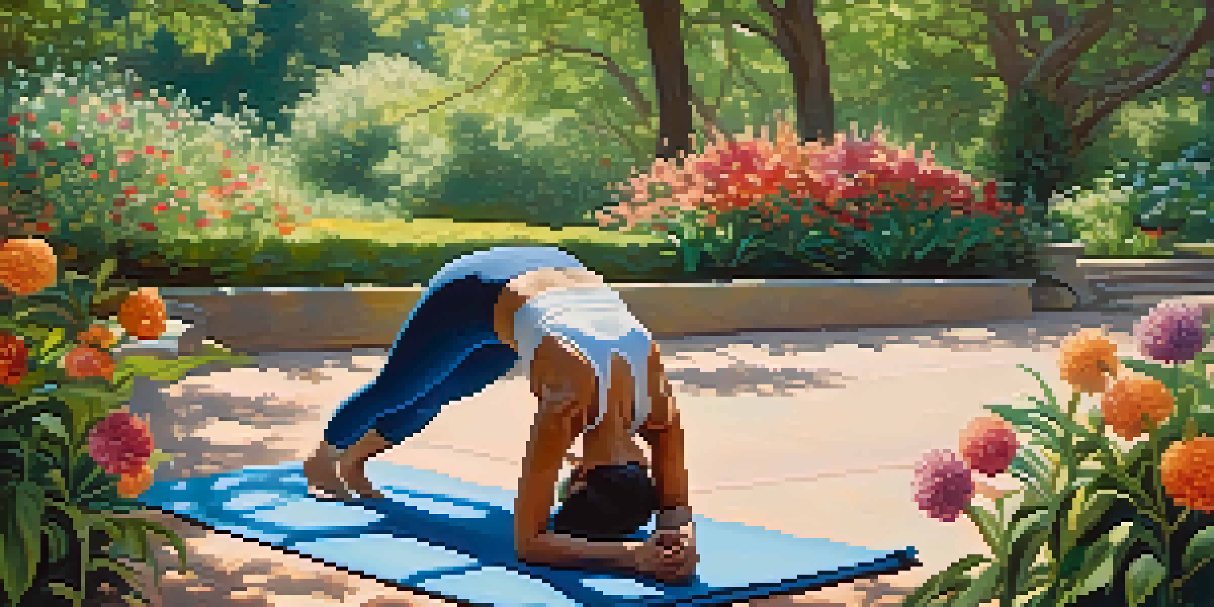 A person practicing yoga in a vibrant garden, surrounded by colorful flowers and greenery, under a clear blue sky.