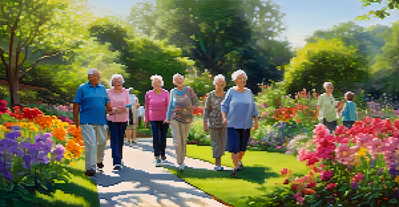 A group of older adults walking mindfully in a beautiful garden, surrounded by flowers and trees, smiling and engaged.