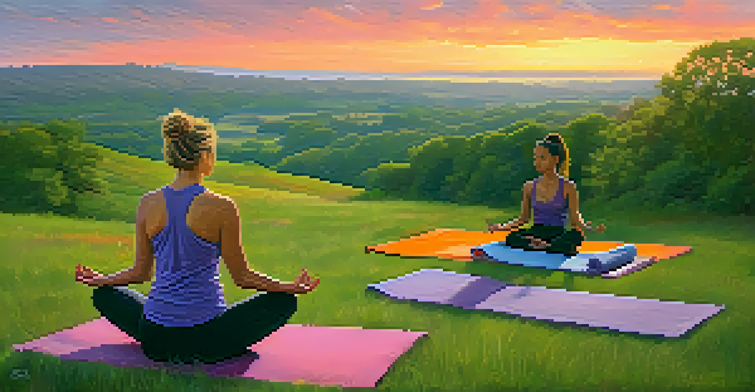 A woman practicing yoga at sunset on a grassy hill, with a colorful sky in the background.