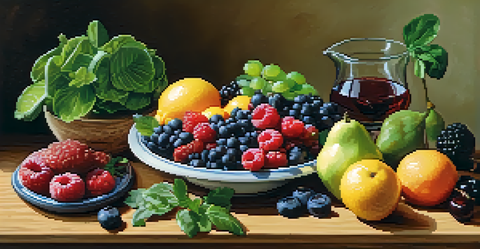A colorful plate showcasing a variety of whole foods including fruits, vegetables, grains, and nuts, arranged on a rustic wooden table with natural sunlight.