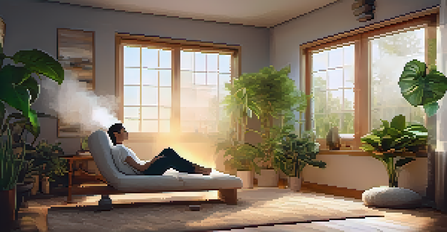 A person meditating next to a diffuser in a cozy home environment, surrounded by plants and soft lighting.