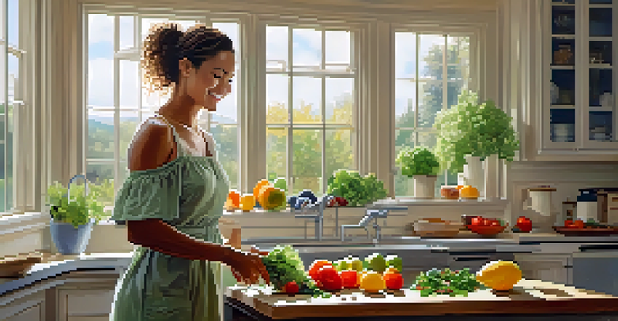 A woman in a bright kitchen preparing a healthy salad with fresh fruits and vegetables, smiling while surrounded by natural light.