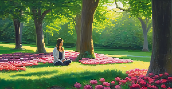 A person meditating in a tranquil park filled with greenery and colorful flowers, with sunlight filtering through the trees.