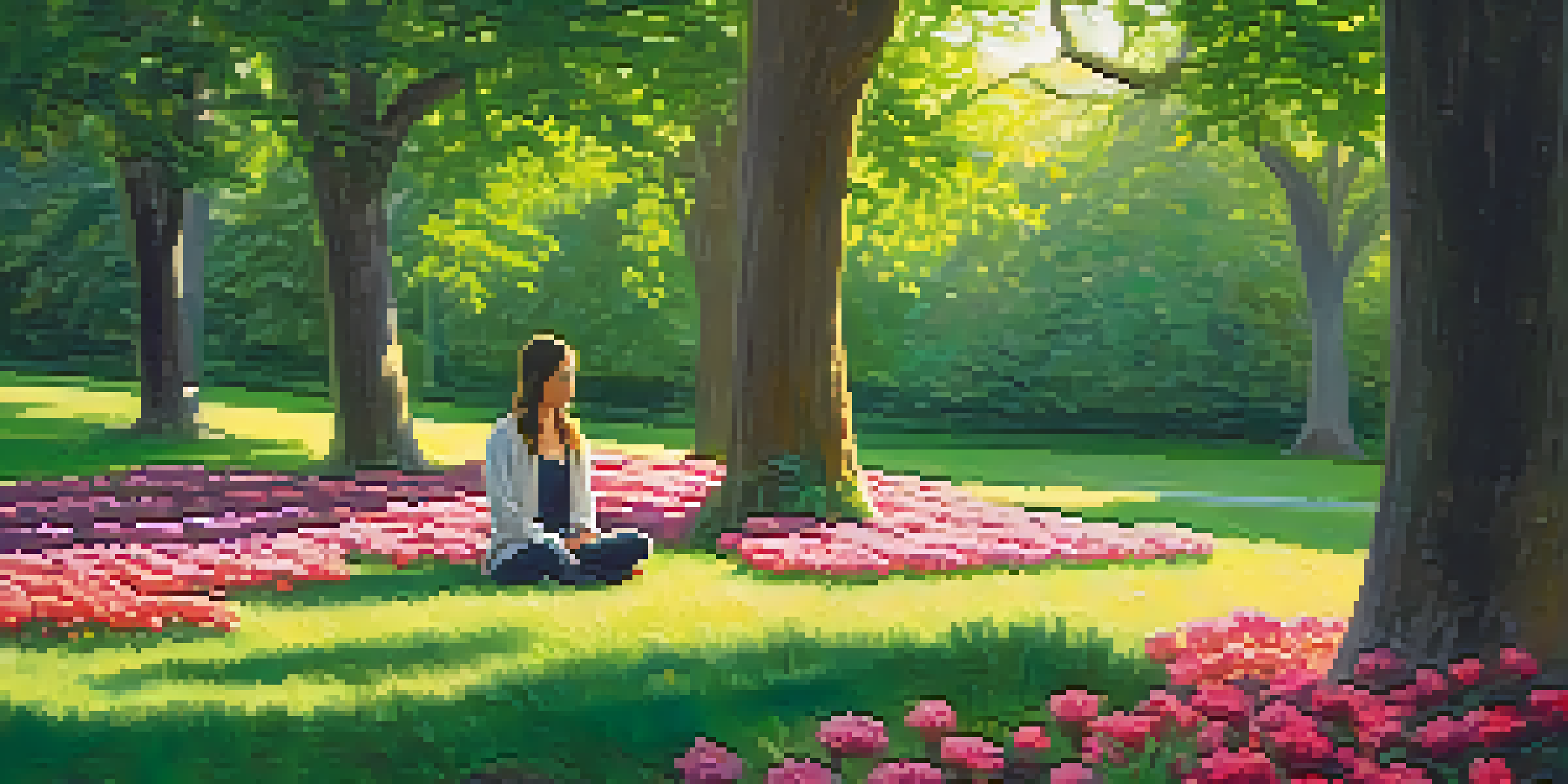 A person meditating in a tranquil park filled with greenery and colorful flowers, with sunlight filtering through the trees.