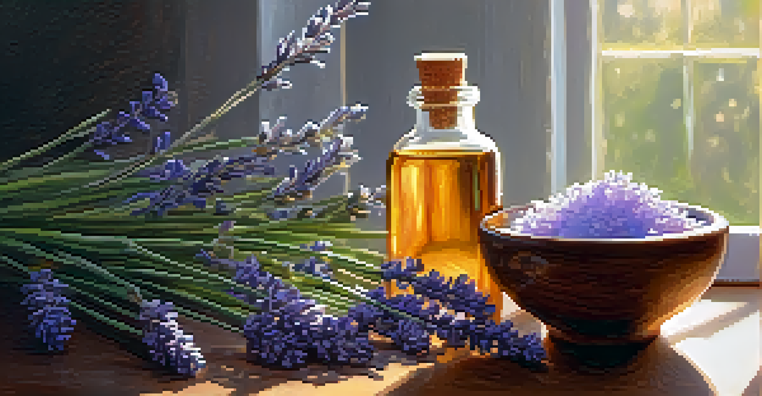 A close-up of an essential oil bottle with lavender flowers and a bowl of carrier oil, illuminated by soft sunlight.