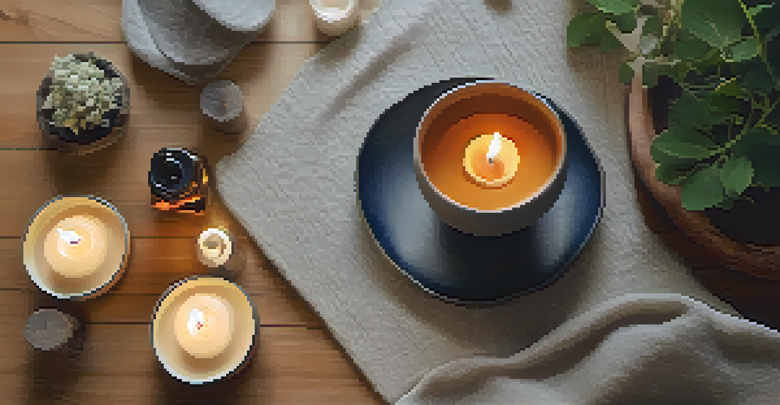 An overhead view of a yoga space with essential oils, tea, and candles, promoting tranquility.