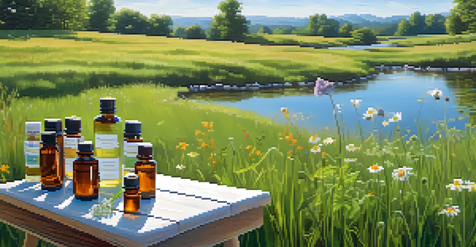 A peaceful meadow with wildflowers and a wooden table displaying natural remedies, alongside a flowing stream.