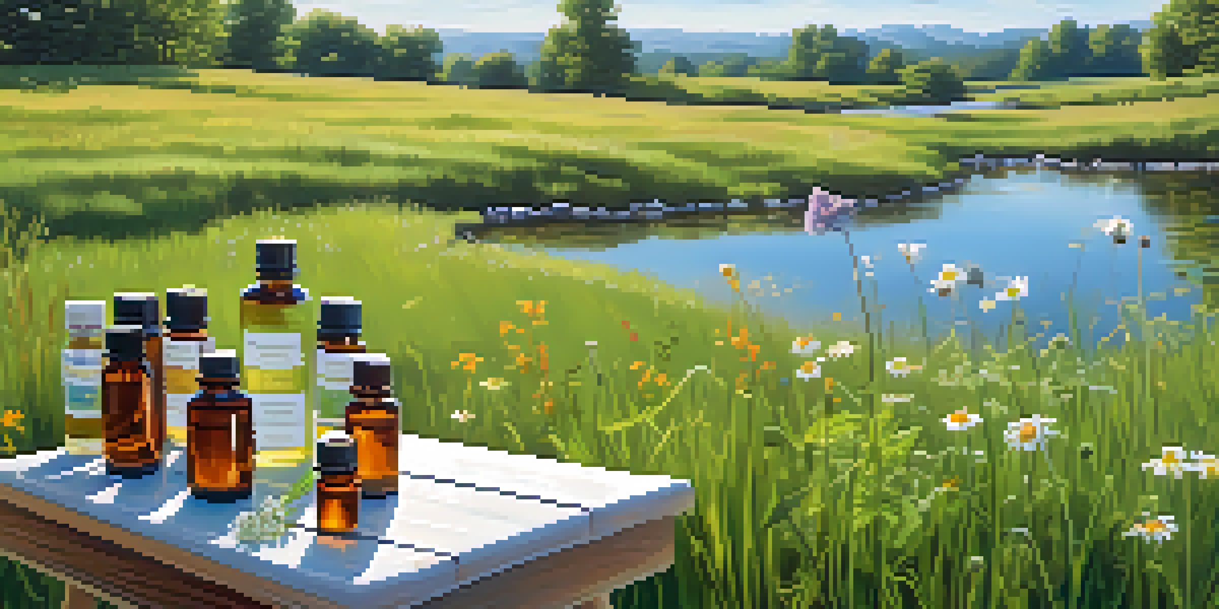 A peaceful meadow with wildflowers and a wooden table displaying natural remedies, alongside a flowing stream.