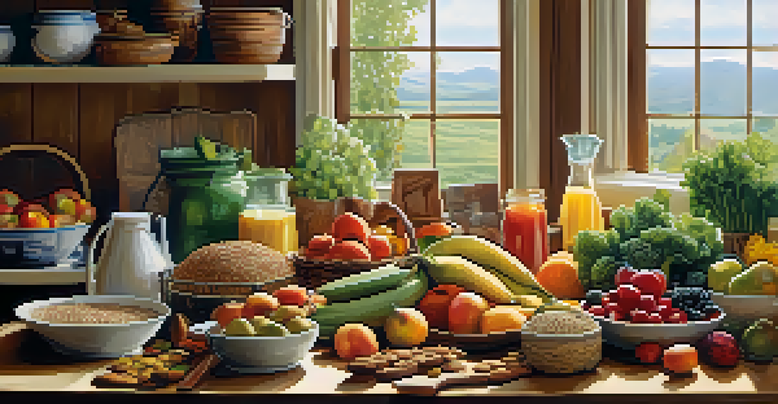 A cozy kitchen table with an array of colorful healthy foods, illuminated by natural light from a window.