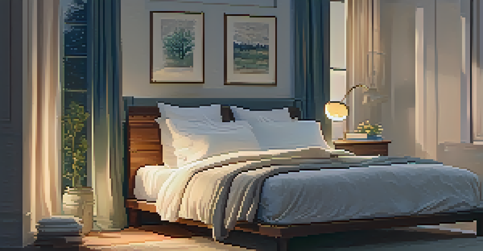 A peaceful bedroom with a cozy bed, a cup of chamomile tea, and a book on a bedside table, highlighting the importance of restful sleep.