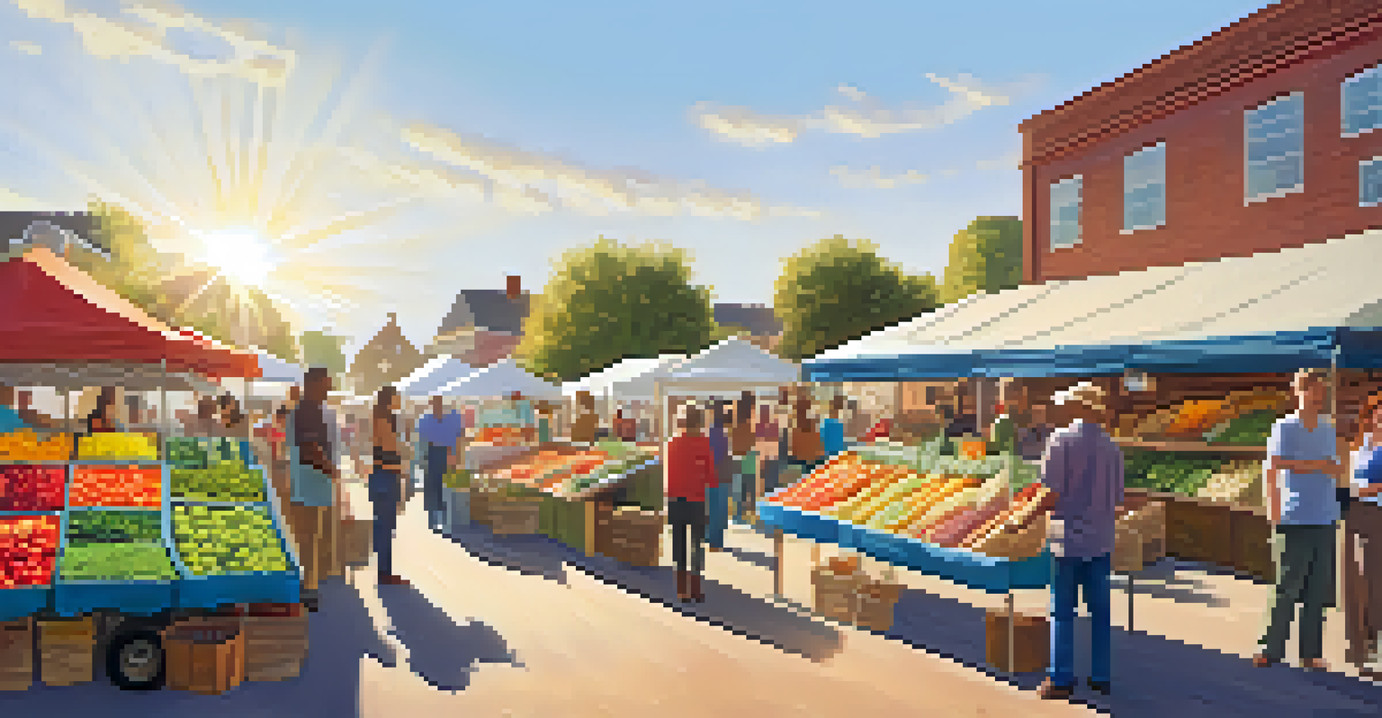 A farmer's market filled with fresh produce and people interacting, under a sunny sky with colorful stalls.