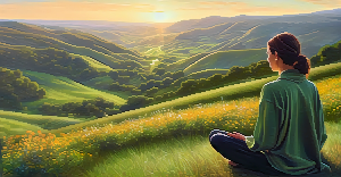 A person meditating on a hillside at sunrise, surrounded by wildflowers and green hills.