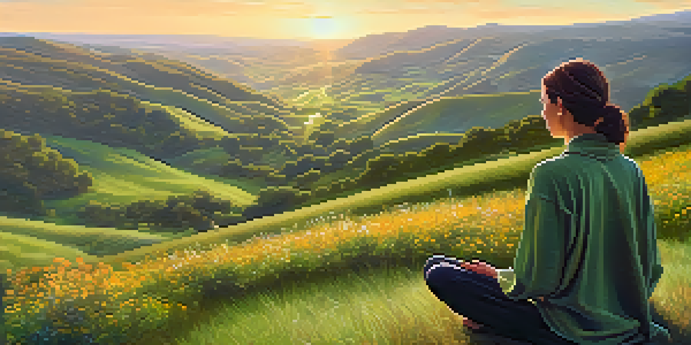 A person meditating on a hillside at sunrise, surrounded by wildflowers and green hills.