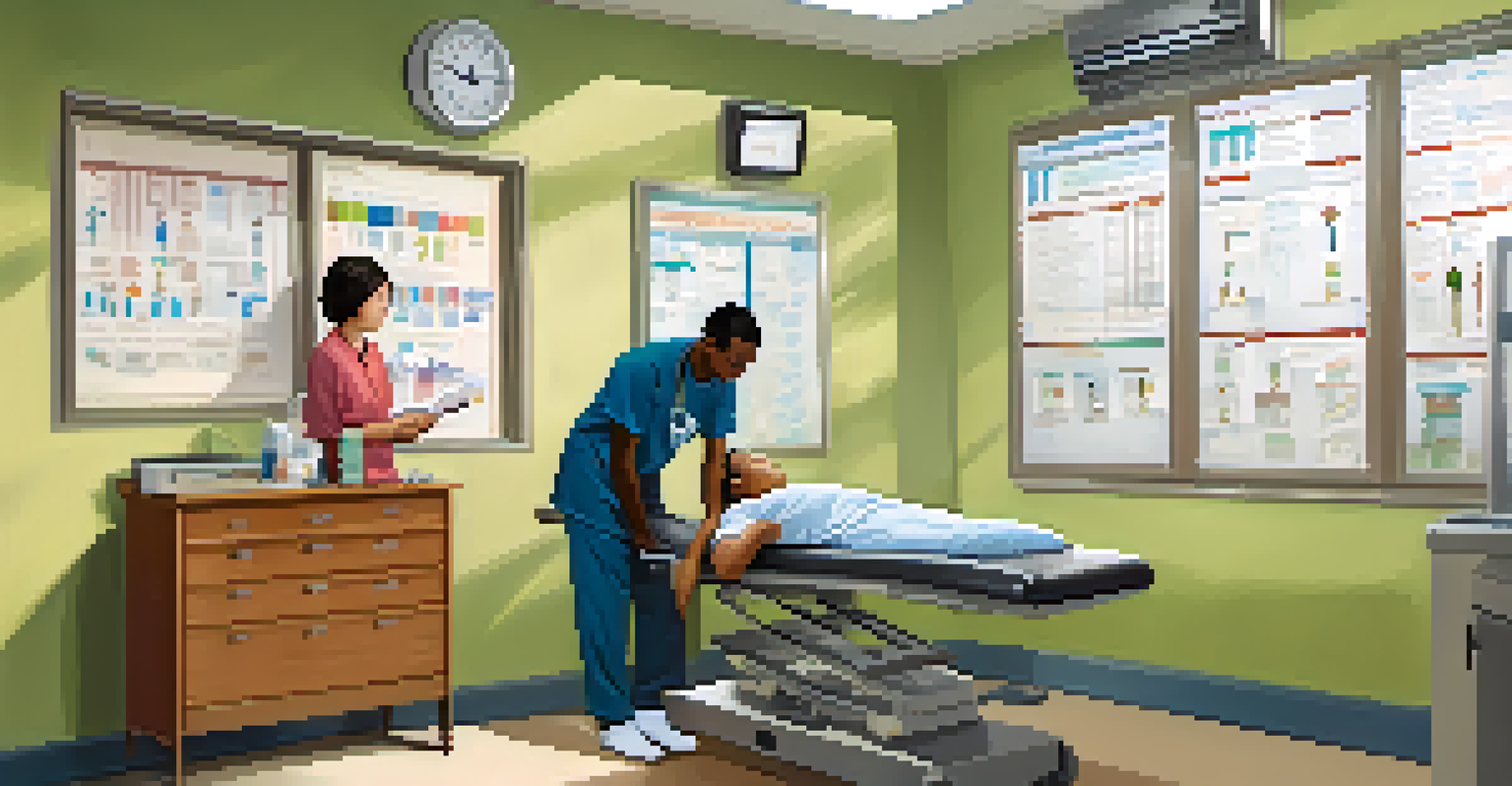 A medical clinic scene with a physician examining a patient and discussing health options in a bright room.
