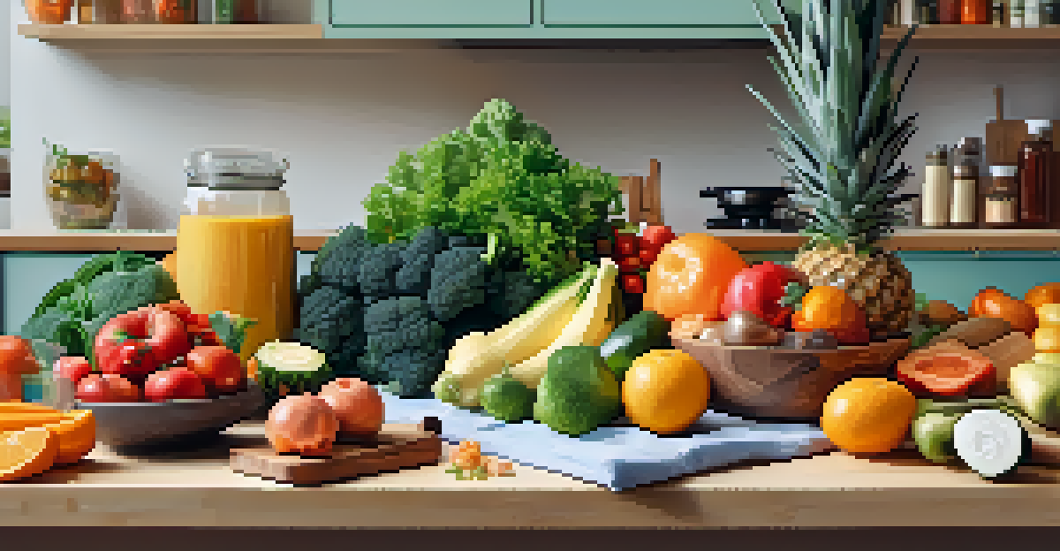 A kitchen counter with fresh fruits, vegetables, and jars of kimchi and yogurt, illustrating healthy eating for skin health.