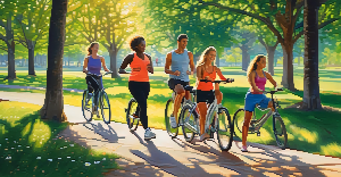 A diverse group of individuals participating in outdoor physical activities like walking, cycling, and yoga in a sunlit park, surrounded by greenery and flowers.
