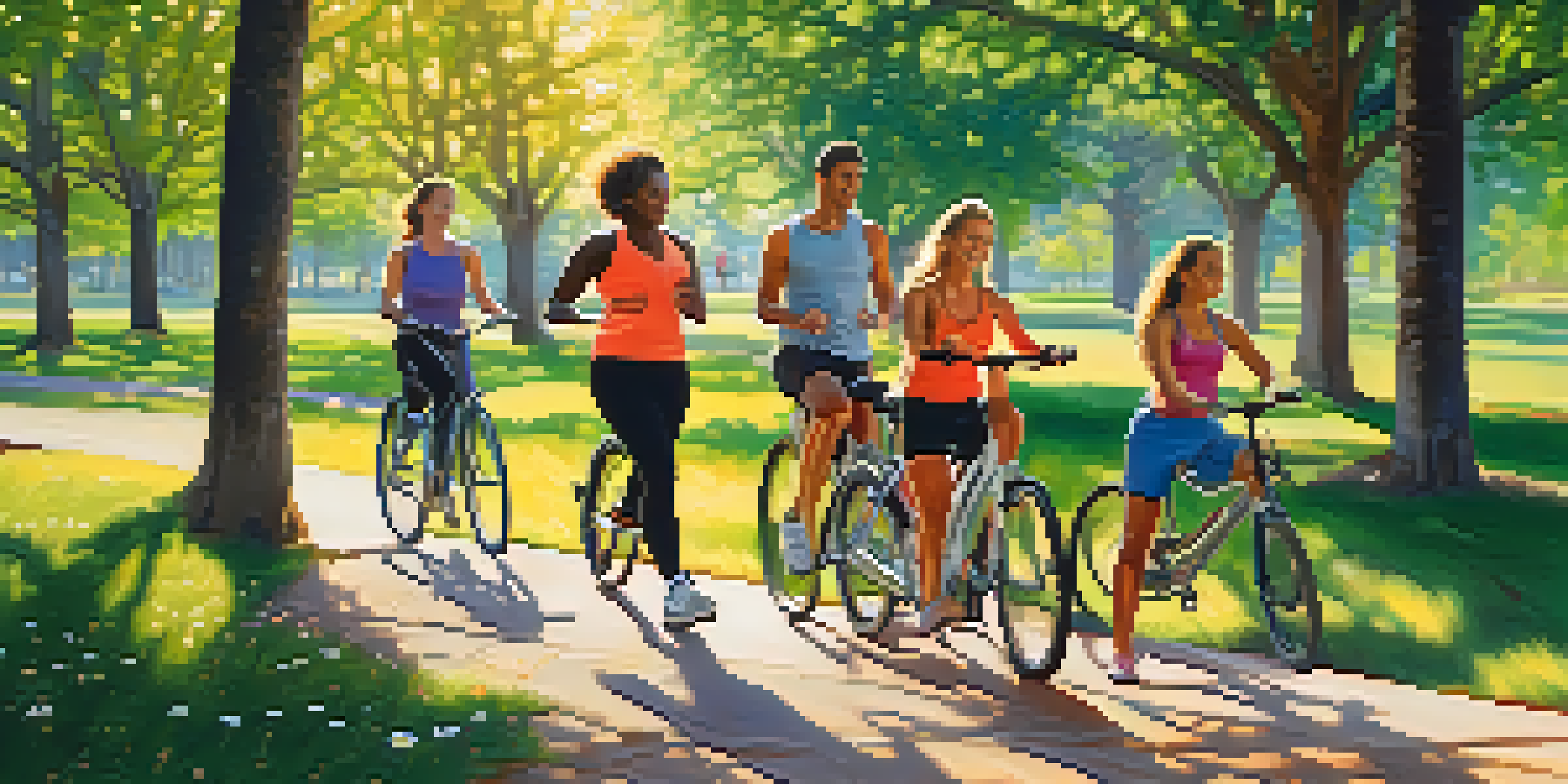 A diverse group of individuals participating in outdoor physical activities like walking, cycling, and yoga in a sunlit park, surrounded by greenery and flowers.