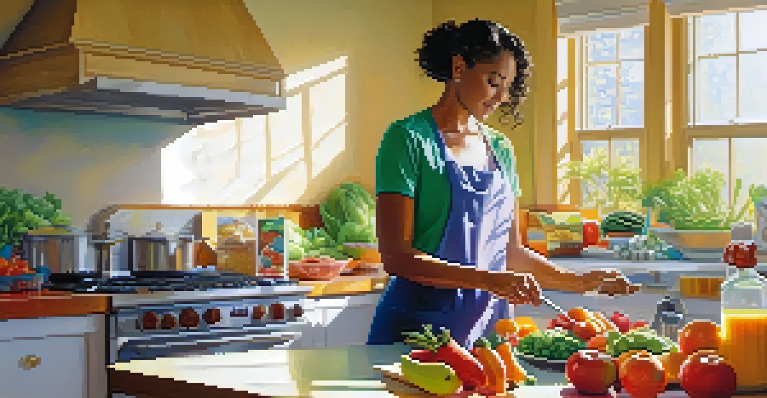 A woman cooking a healthy meal in a bright kitchen filled with fresh fruits and vegetables.