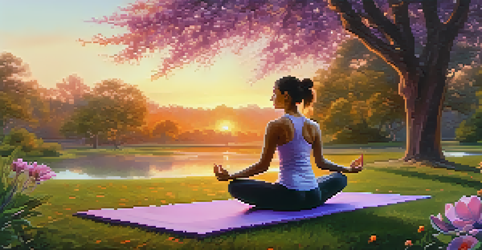 A person practicing yoga in a tranquil park at sunset, surrounded by nature's beauty.