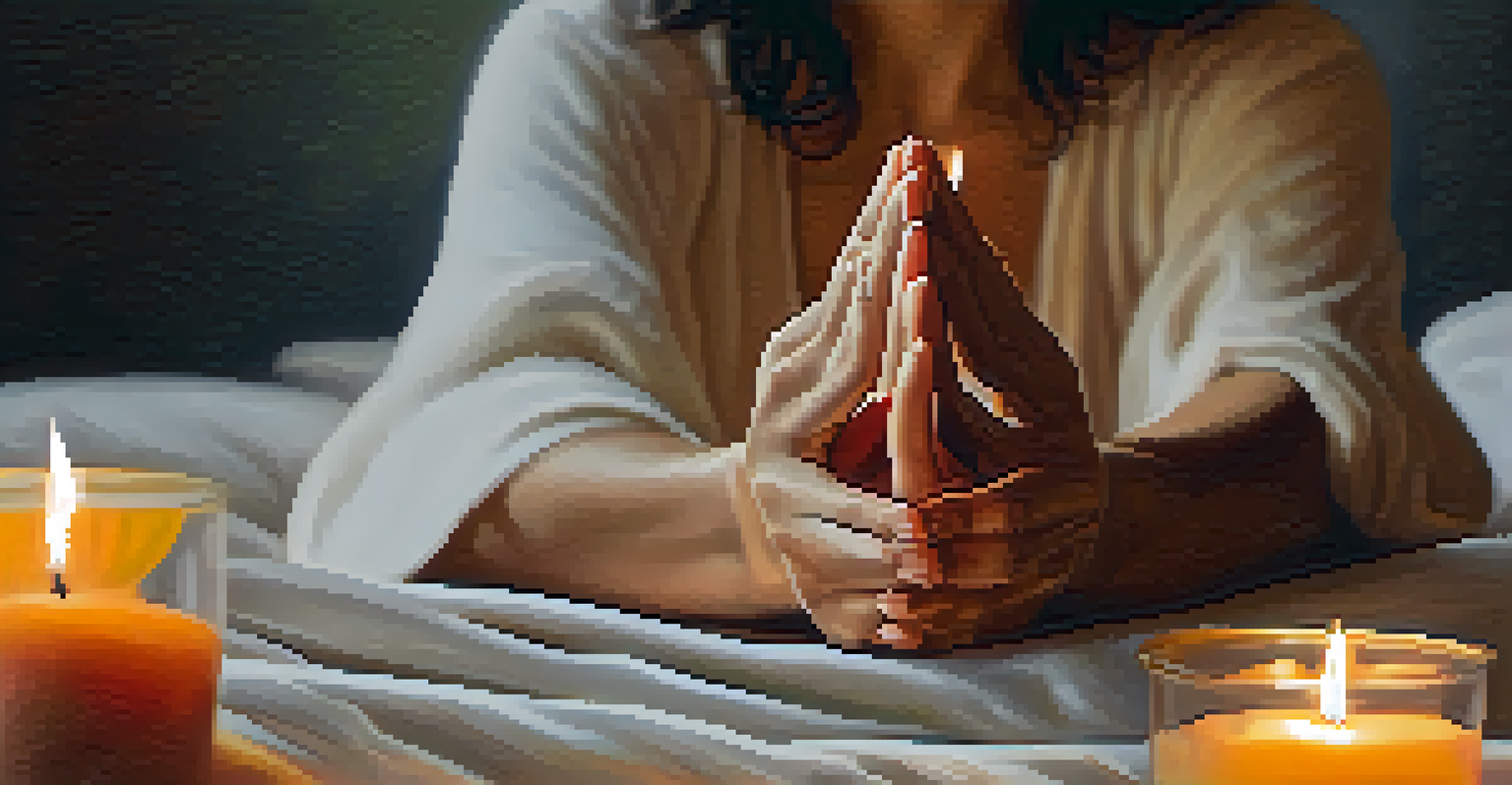 Close-up of hands in a mudra position, reflecting a person practicing breath control in a serene setting.