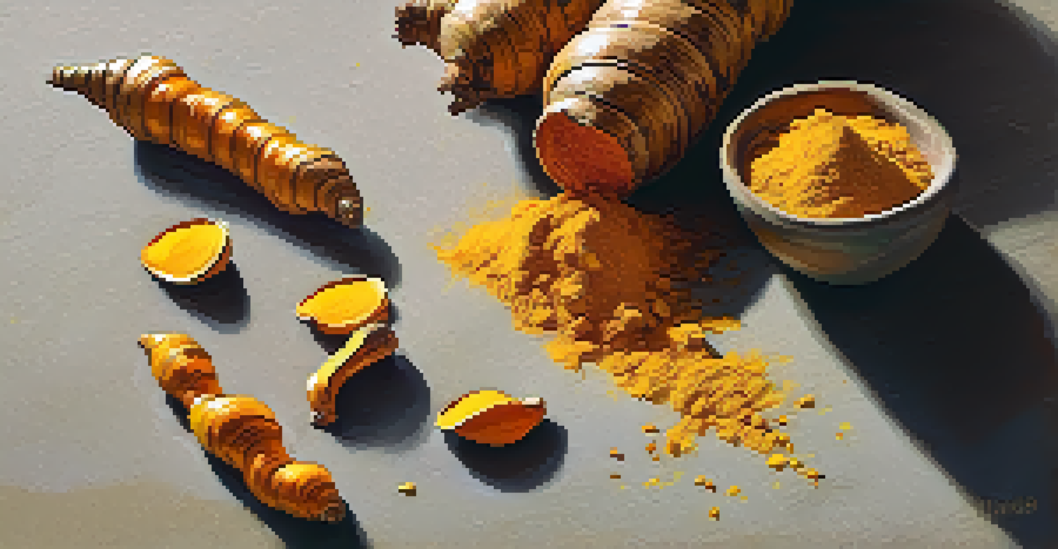 A close-up of fresh turmeric roots and bright turmeric powder with curcumin capsules and green leaves.