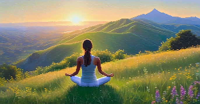 A person practicing yoga on a grassy hilltop at sunrise, surrounded by wildflowers and mountains in the background.