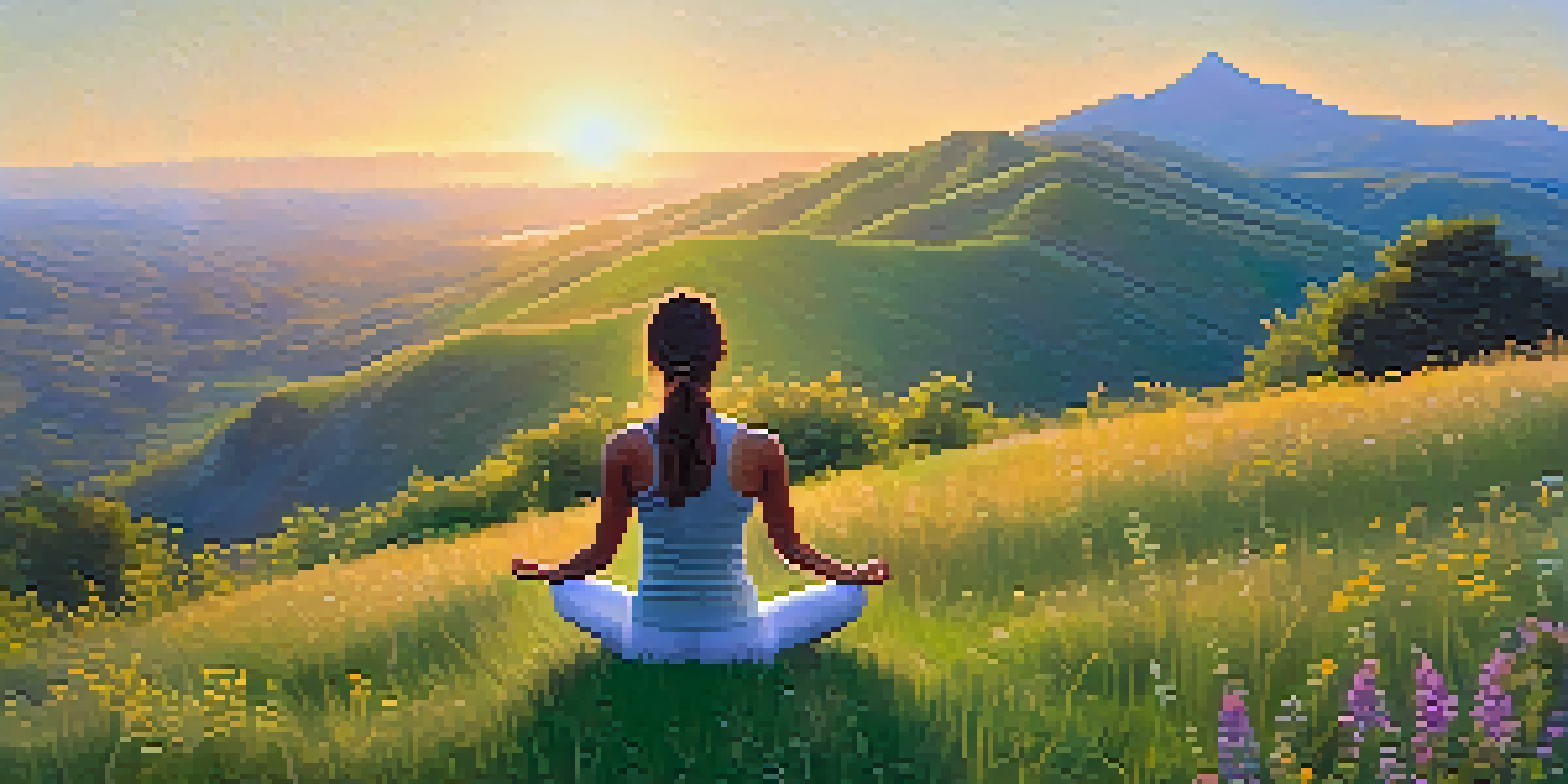 A person practicing yoga on a grassy hilltop at sunrise, surrounded by wildflowers and mountains in the background.