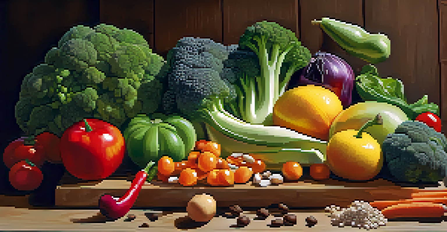 A wooden cutting board with a variety of colorful fruits and vegetables, including beans, lentils, and broccoli, in bright lighting.