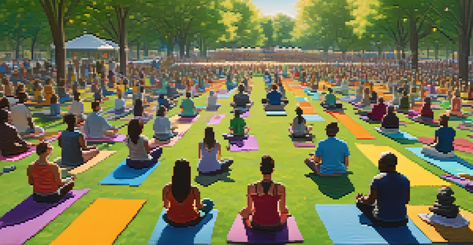 A diverse group of people meditating together in a sunlit park.
