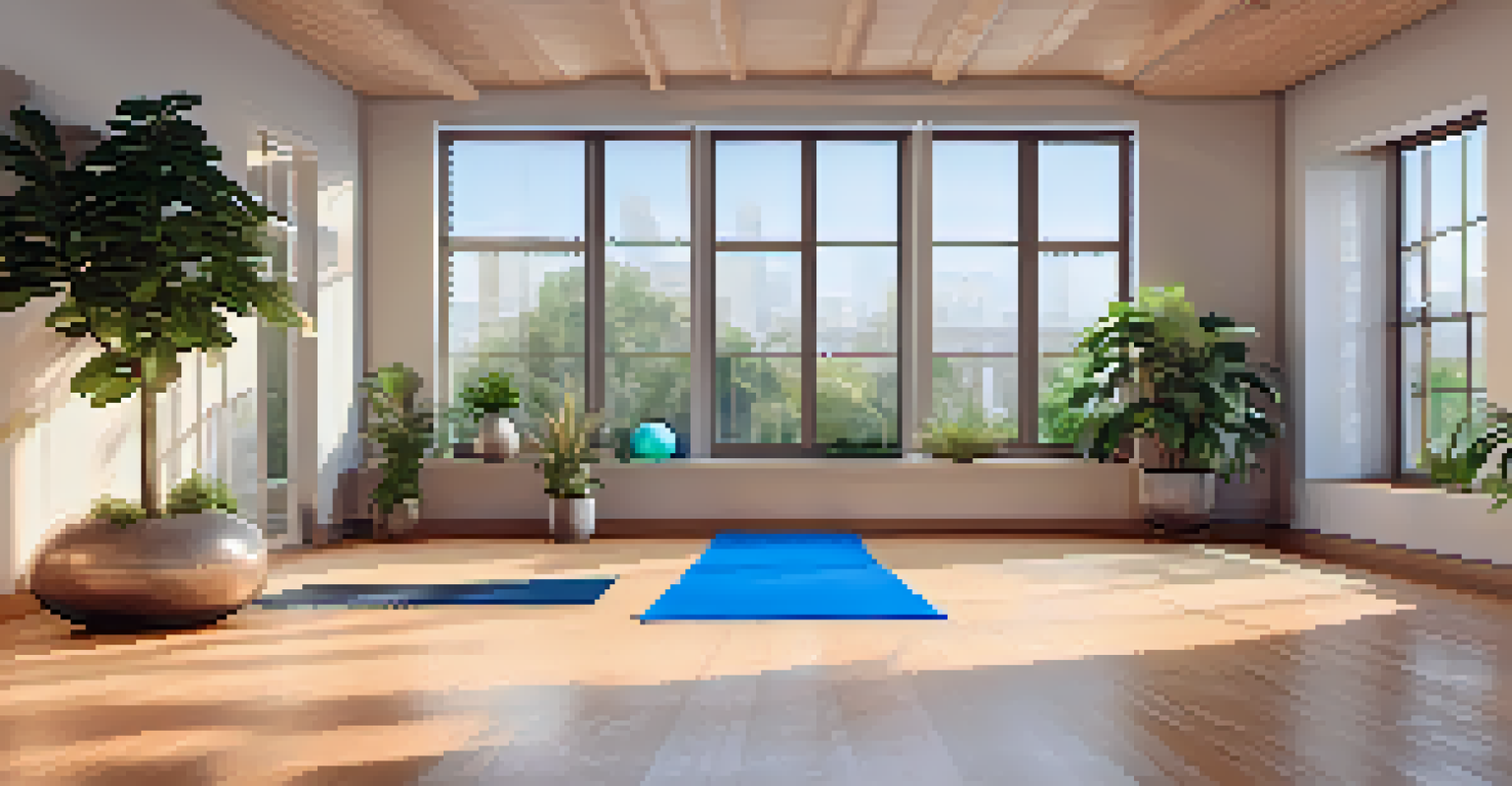 An indoor exercise space with yoga mats, exercise balls, and plants, featuring soft lighting and a calming atmosphere.