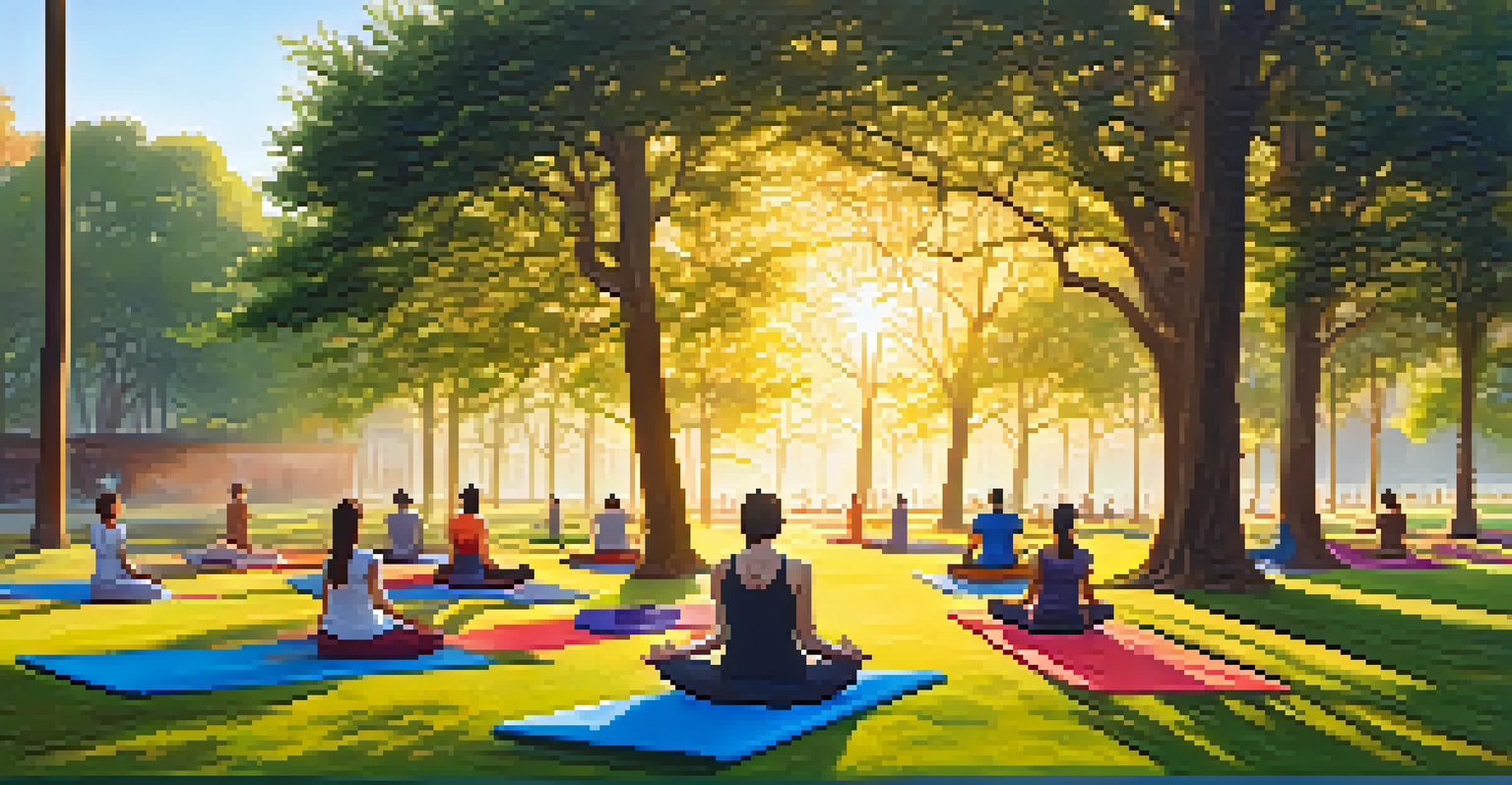 People practicing yoga in a green park at sunrise, surrounded by flowers and trees.