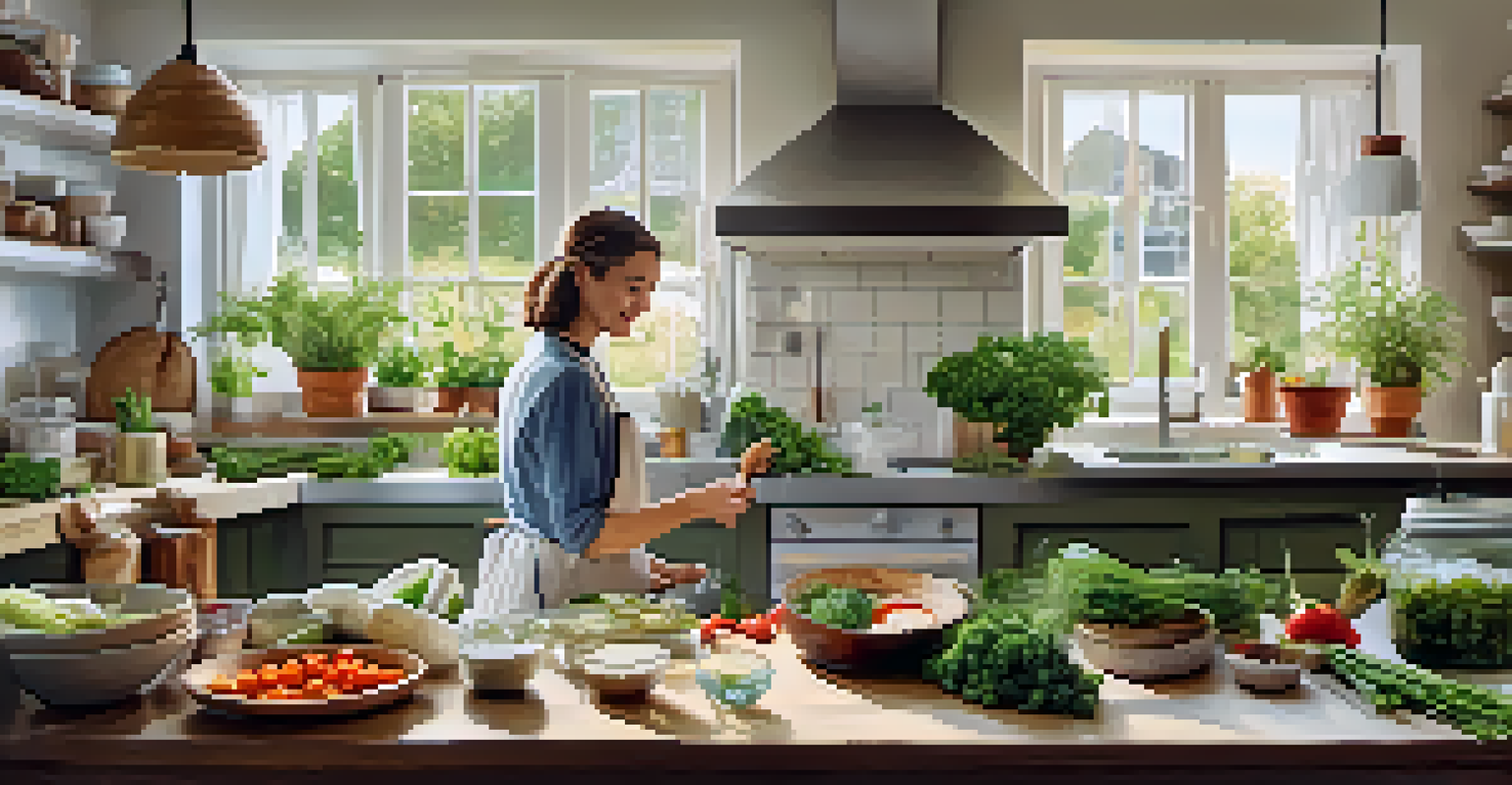 A person preparing a probiotic-rich meal in a bright kitchen, surrounded by fresh ingredients and herbs.