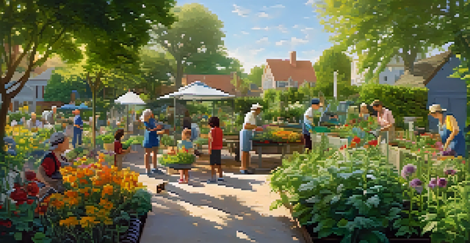 A vibrant community garden with people of different ages gardening together under a sunny sky.