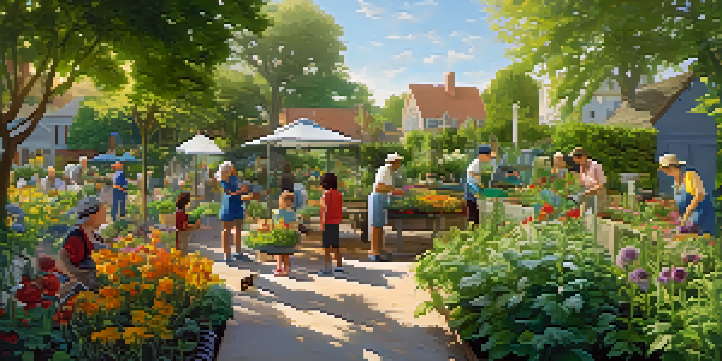 A vibrant community garden with people of different ages gardening together under a sunny sky.