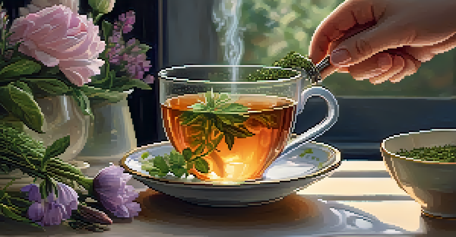 A hand pouring steaming herbal tea into a delicate teacup, with herbs visible in the cup, set against a softly lit background.