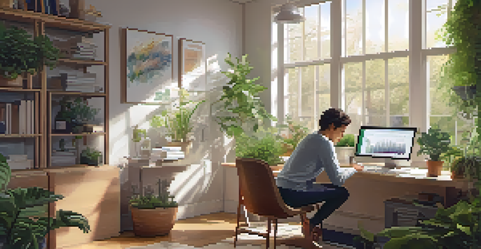 A person in a cozy home office using a tablet to check health data, surrounded by plants and natural light.