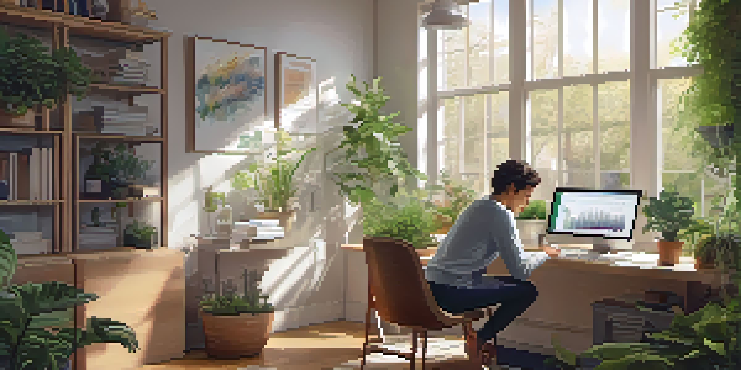 A person in a cozy home office using a tablet to check health data, surrounded by plants and natural light.