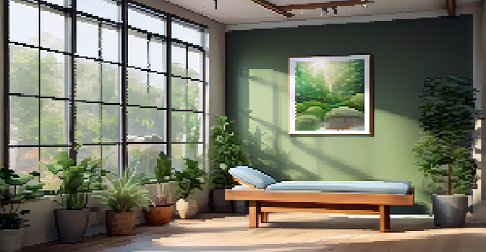 A peaceful naturopathic clinic featuring natural light, plants, and a treatment table, creating a calming environment for healing.