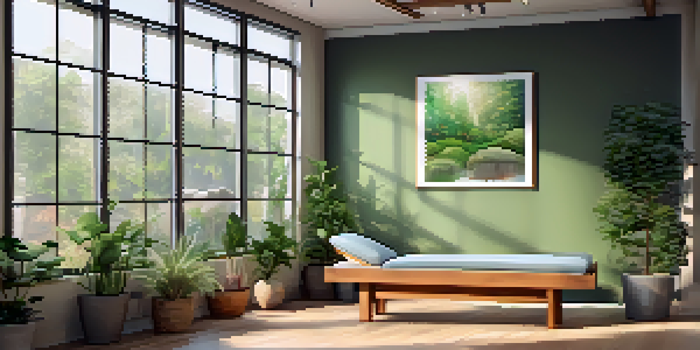 A peaceful naturopathic clinic featuring natural light, plants, and a treatment table, creating a calming environment for healing.