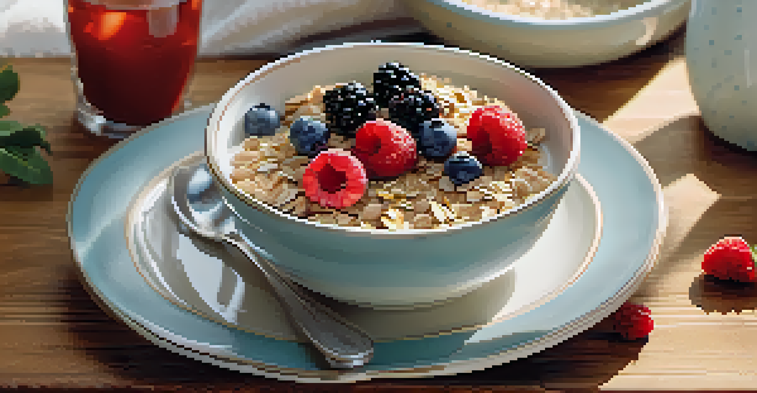 A breakfast plate with oatmeal topped with berries and flaxseeds, next to a glass of soy milk and wildflowers.